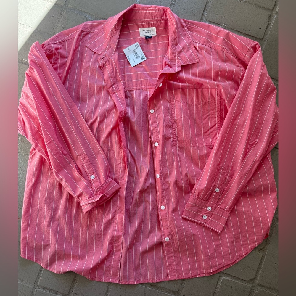 American Eagle Coral Striped Button-Up Shirt